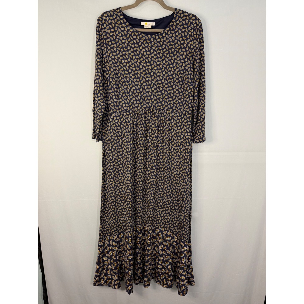 Boden Rainbow Print Midi‎ Dress Womens 10 Navy Blue 3/4 Sleeve Ruffle Hem Jersey